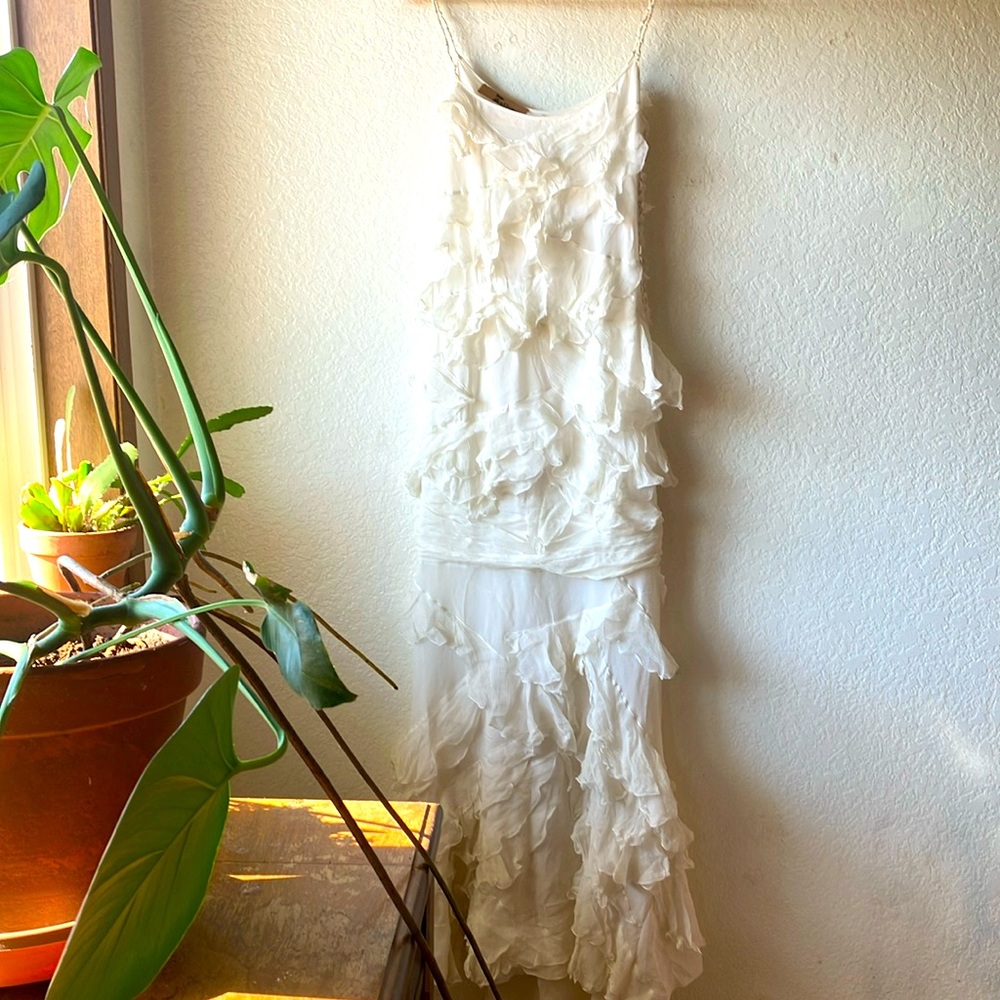 John Galliano 100% Silk White w. Sparkle Ruffle Maxi Dress PRICE FIXED women 4 - Picture 1 of 17